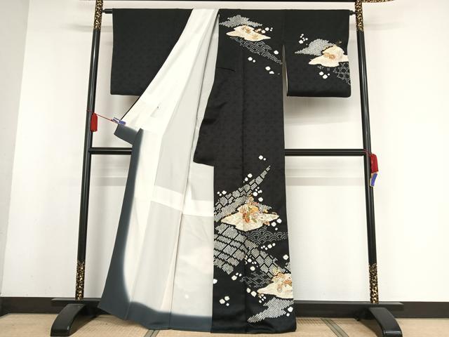 平和屋着物●創業460年・千總 訪問着 駒刺繍 絞り 霞草花文 黒地 金糸 金彩 正絹 逸品 AABA2518np