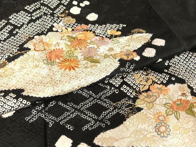 平和屋着物●創業460年・千總 訪問着 駒刺繍 絞り 霞草花文 黒地 金糸 金彩 正絹 逸品 AABA2518np