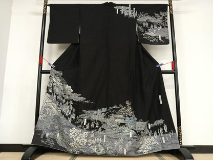 平和屋着物●創業明治元年、京の老舗【小糸染芸】　小糸敏夫　訪問着　紬地　京風俗絵巻　黒地　正絹　逸品　AABA2520np