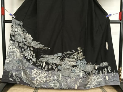 平和屋着物●創業明治元年、京の老舗【小糸染芸】　小糸敏夫　訪問着　紬地　京風俗絵巻　黒地　正絹　逸品　AABA2520np