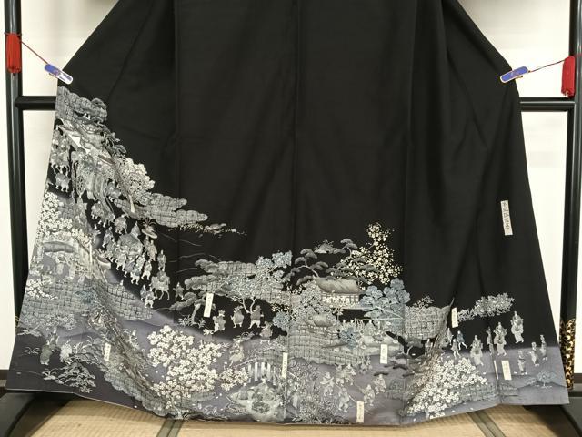 平和屋着物●創業明治元年、京の老舗【小糸染芸】　小糸敏夫　訪問着　紬地　京風俗絵巻　黒地　正絹　逸品　AABA2520np