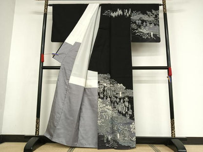 平和屋着物●創業明治元年、京の老舗【小糸染芸】　小糸敏夫　訪問着　紬地　京風俗絵巻　黒地　正絹　逸品　AABA2520np