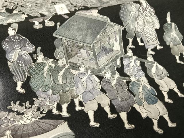 平和屋着物●創業明治元年、京の老舗【小糸染芸】　小糸敏夫　訪問着　紬地　京風俗絵巻　黒地　正絹　逸品　AABA2520np