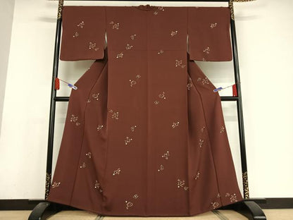 平和屋着物●上質な小紋 枝花文 海老茶色 金彩 正絹 逸品 AABA2524np