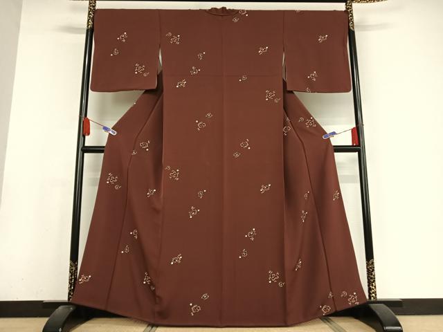 平和屋着物●上質な小紋 枝花文 海老茶色 金彩 正絹 逸品 AABA2524np