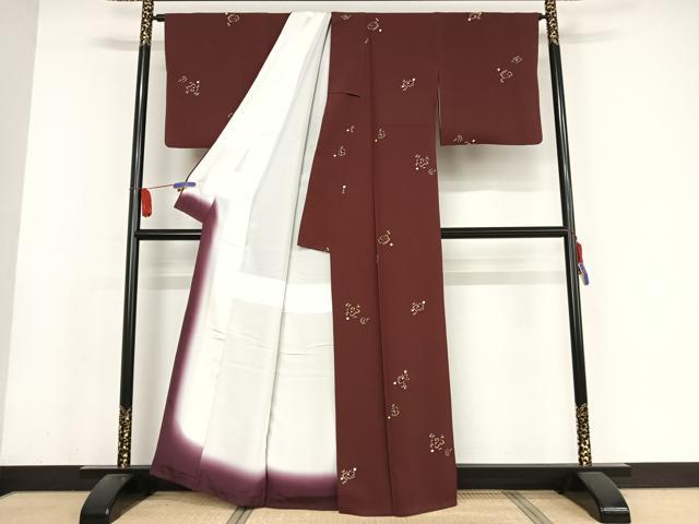 平和屋着物●上質な小紋 枝花文 海老茶色 金彩 正絹 逸品 AABA2524np