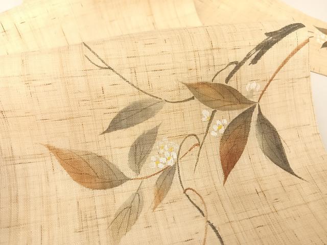 平和屋着物＊夏物 九寸名古屋帯 手描き 枝花文 麻 AABA2541np
