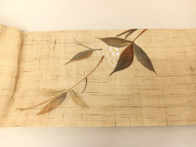 平和屋着物＊夏物 九寸名古屋帯 手描き 枝花文 麻 AABA2541np