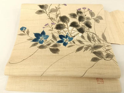 平和屋着物＊夏物 九寸名古屋帯 作家物 手描き 草花文 麻 AABA2543np