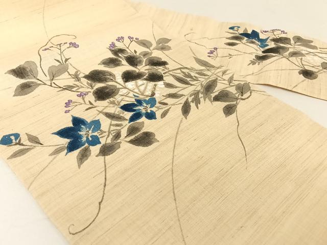 平和屋着物＊夏物 九寸名古屋帯 作家物 手描き 草花文 麻 AABA2543np