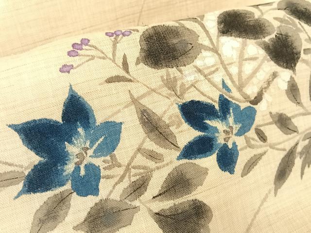 平和屋着物＊夏物 九寸名古屋帯 作家物 手描き 草花文 麻 AABA2543np
