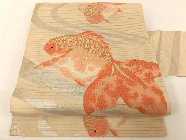 平和屋着物＊夏物 アンティーク 大正ロマン 九寸名古屋帯 金魚 金銀糸 正絹 逸品 AABA2549np