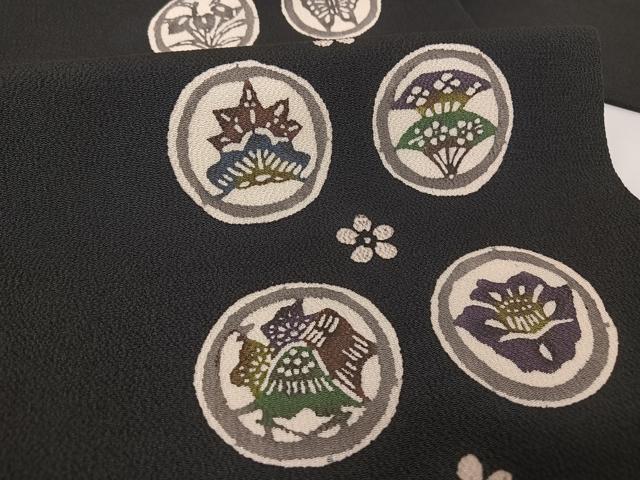 平和屋着物●紅型 九寸名古屋帯 花蝶文 黒地 正絹 逸品 AABA2562np