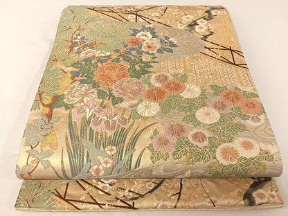 平和屋着物●秦生織物 太鼓柄袋帯 流水草花文 金糸 正絹 逸品 AABA2567np