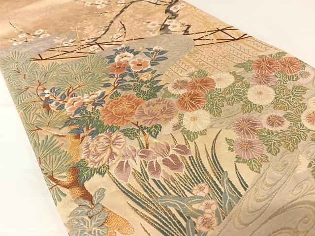 平和屋着物●秦生織物 太鼓柄袋帯 流水草花文 金糸 正絹 逸品 AABA2567np