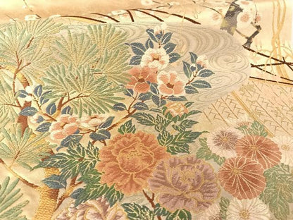 平和屋着物●秦生織物 太鼓柄袋帯 流水草花文 金糸 正絹 逸品 AABA2567np