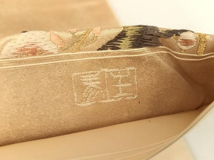 平和屋着物●秦生織物 太鼓柄袋帯 流水草花文 金糸 正絹 逸品 AABA2567np