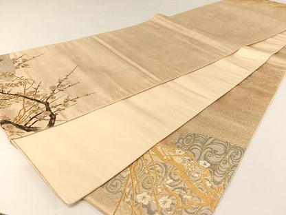 平和屋着物●秦生織物 太鼓柄袋帯 流水草花文 金糸 正絹 逸品 AABA2567np