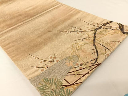 平和屋着物●秦生織物 太鼓柄袋帯 流水草花文 金糸 正絹 逸品 AABA2567np