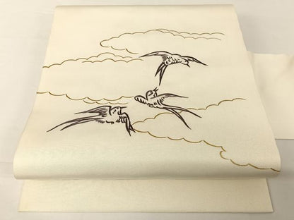 平和屋着物●京繍作家　合田峰太郎　塩瀬　九寸名古屋帯　手描き　燕　金彩　正絹　逸品　AABA2573np