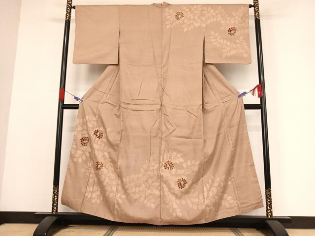 平和屋着物●訪問着 紬地 刺繍 枝葉丸文 正絹 逸品 AABA2622np