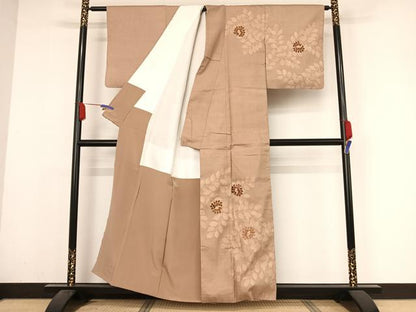 平和屋着物●訪問着 紬地 刺繍 枝葉丸文 正絹 逸品 AABA2622np