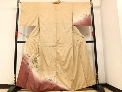 平和屋着物●訪問着　紬地　手描き　玉蟲　草花文　金銀彩　正絹　逸品　AABA2691ph