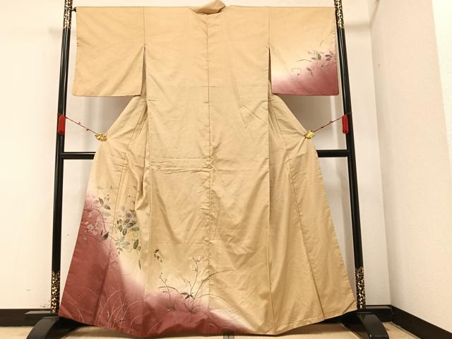 平和屋着物●訪問着　紬地　手描き　玉蟲　草花文　金銀彩　正絹　逸品　AABA2691ph