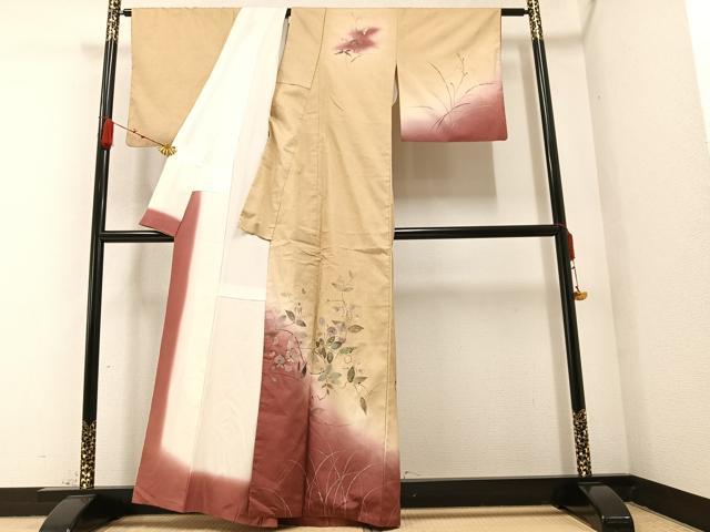 平和屋着物●訪問着　紬地　手描き　玉蟲　草花文　金銀彩　正絹　逸品　AABA2691ph