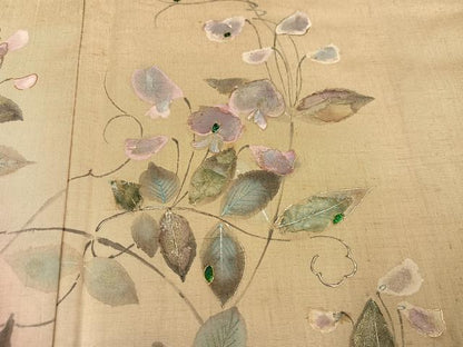 平和屋着物●訪問着　紬地　手描き　玉蟲　草花文　金銀彩　正絹　逸品　AABA2691ph