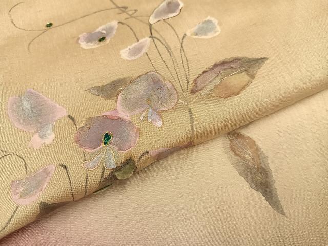 平和屋着物●訪問着　紬地　手描き　玉蟲　草花文　金銀彩　正絹　逸品　AABA2691ph