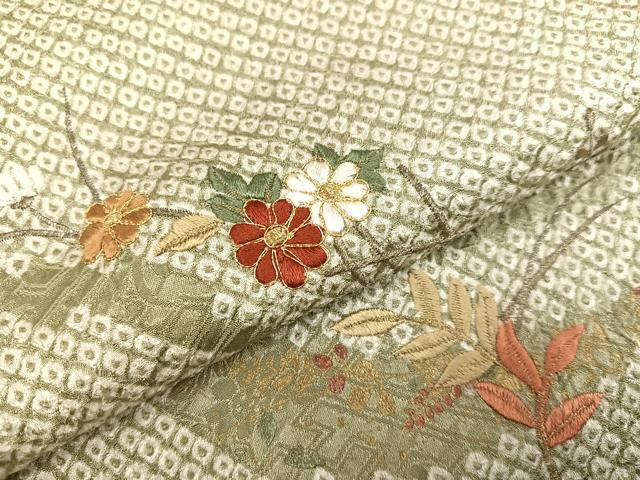 平和屋着物●訪問着 絞り 刺繍 草花文 ますいわ屋扱い 正絹 逸品 AABA2697ph