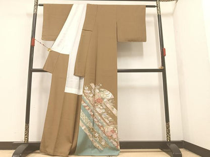 平和屋着物●色留訪問着　駒刺繍　地紙飛鶴草花文　金彩　正絹　逸品　AABA2723ph