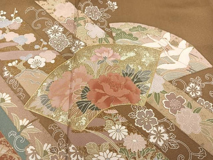 平和屋着物●色留訪問着　駒刺繍　地紙飛鶴草花文　金彩　正絹　逸品　AABA2723ph
