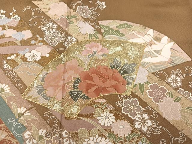 平和屋着物●色留訪問着　駒刺繍　地紙飛鶴草花文　金彩　正絹　逸品　AABA2723ph