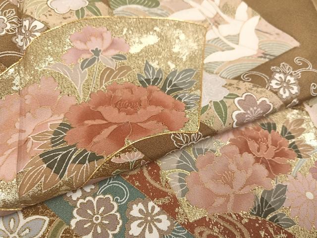 平和屋着物●色留訪問着　駒刺繍　地紙飛鶴草花文　金彩　正絹　逸品　AABA2723ph