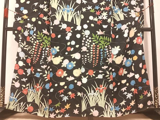 平和屋着物●豪華振袖　絞り　草花文　黒地　正絹　逸品　AABA2733ph