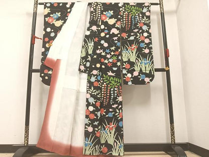 平和屋着物●豪華振袖　絞り　草花文　黒地　正絹　逸品　AABA2733ph