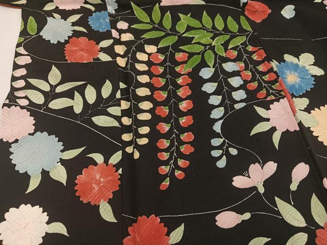 平和屋着物●豪華振袖　絞り　草花文　黒地　正絹　逸品　AABA2733ph