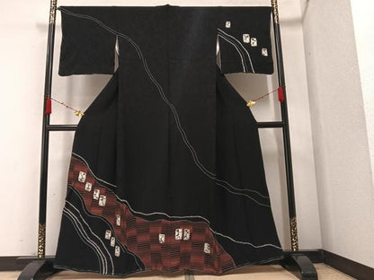 平和屋着物●訪問着　絞り　流水色紙文　黒地　正絹　逸品　AABA2738ph