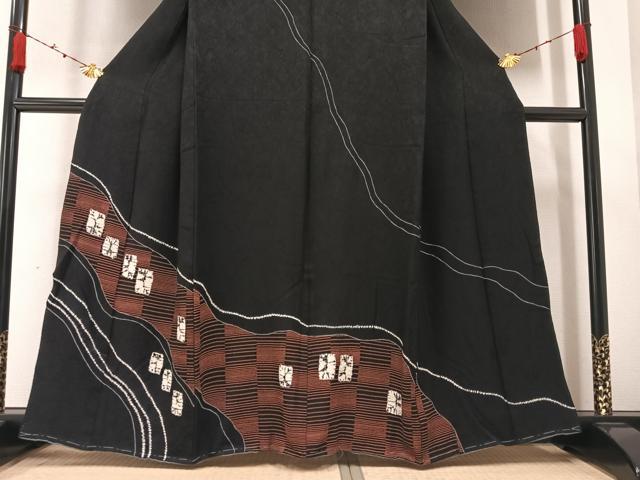 平和屋着物●訪問着　絞り　流水色紙文　黒地　正絹　逸品　AABA2738ph