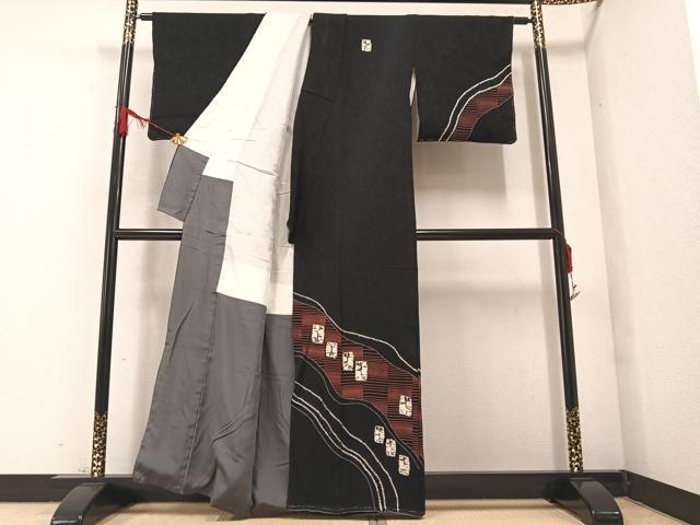 平和屋着物●訪問着　絞り　流水色紙文　黒地　正絹　逸品　AABA2738ph