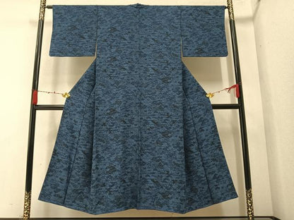 平和屋着物●上質な小紋　型染め　藍　風景草木文　正絹　逸品　AABA2739ph