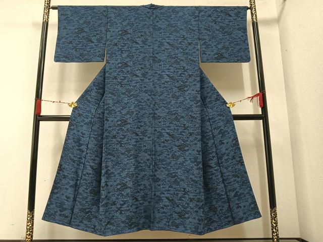 平和屋着物●上質な小紋　型染め　藍　風景草木文　正絹　逸品　AABA2739ph