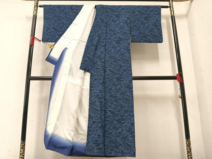 平和屋着物●上質な小紋　型染め　藍　風景草木文　正絹　逸品　AABA2739ph