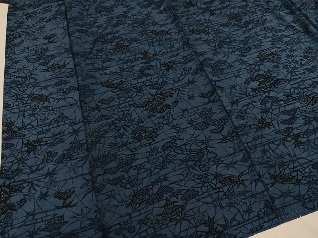 平和屋着物●上質な小紋　型染め　藍　風景草木文　正絹　逸品　AABA2739ph
