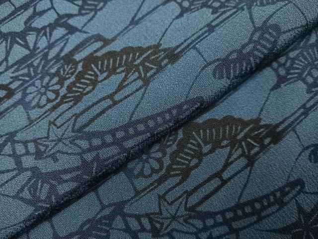 平和屋着物●上質な小紋　型染め　藍　風景草木文　正絹　逸品　AABA2739ph