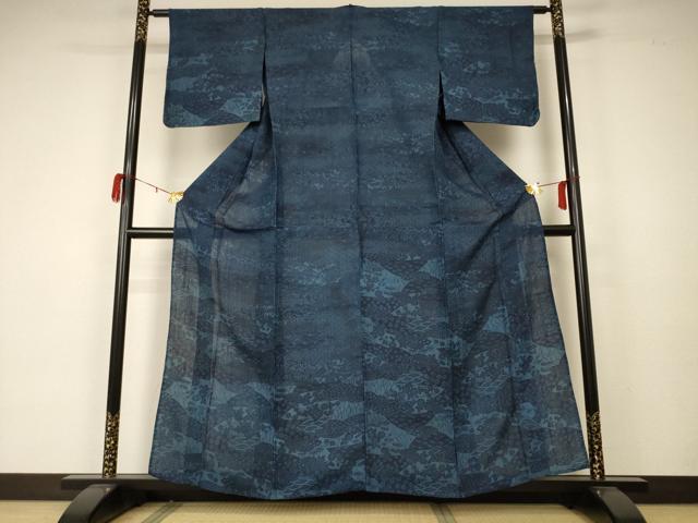平和屋着物＊夏物 阿波藍染 阿波友禅 徳島県無形文化財保持者 香川卓美 訪問着 紬地 紗 吉祥草花文 正絹 逸品 AABA2814jd