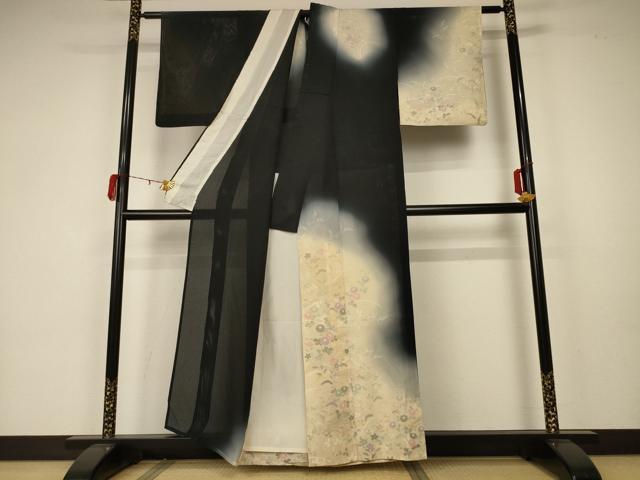 平和屋着物＊夏物 訪問着 縦絽 草花文 暈し染め 正絹 逸品 AABA2837jd