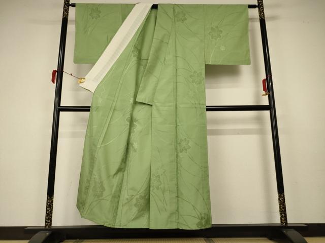 平和屋着物＊夏物 色無地 草花紋紗 苗色 正絹 逸品 未使用 AABA2869jd